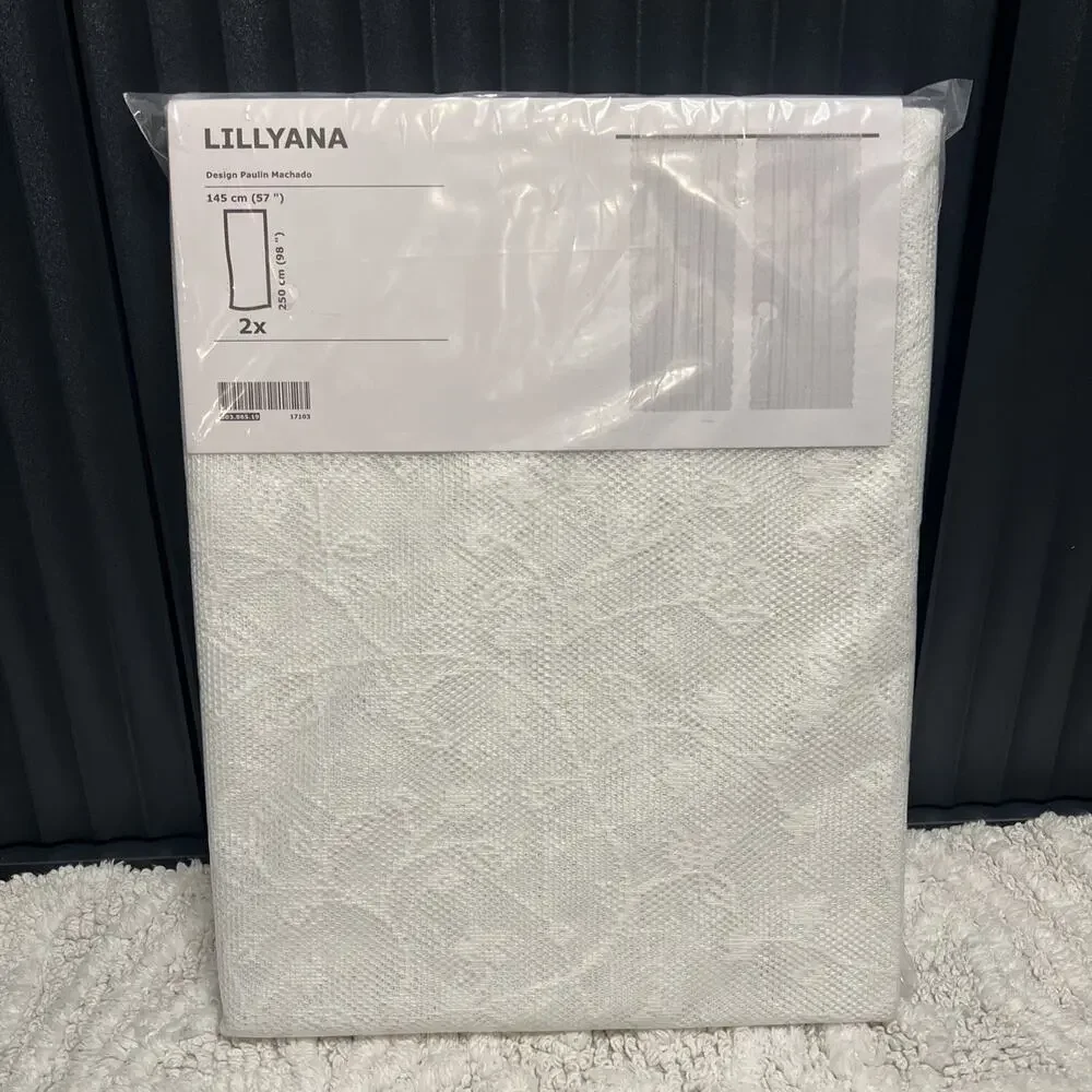 Ikea Lillyana Pair Sheer Net Curtains White Flowers Lace Scallop Panels 98” Long